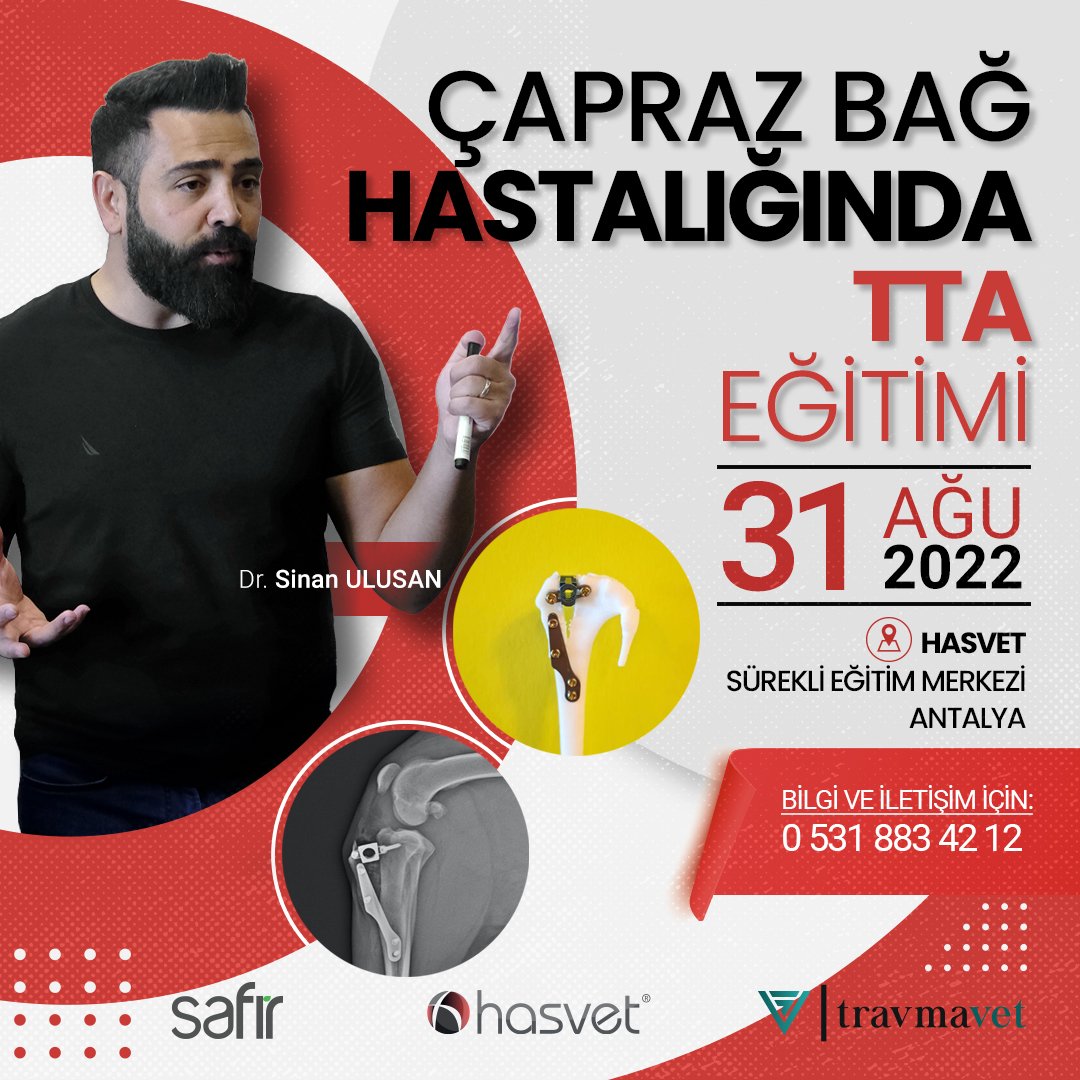 hasvetmedikal's tweet photo. 31 Ağustos 2022 tarihinde Antalya Hasvet Sürekli Eğitim Merkezi’nde, Dr.Sinan Ulusan ile "Çapraz Bağ Hastalığında TTA Eğitimi" düzenlenecektir.

🕙 Eğitim saati:10:00 – 16:00
☎️ Bilgi ve iletişim için:0531 883 42 12
🎓 Eğitim ücretsizdir. 

@hasvetakademi
@safircerrahi
@travmavet https://t.co/6ygMMX9tI1