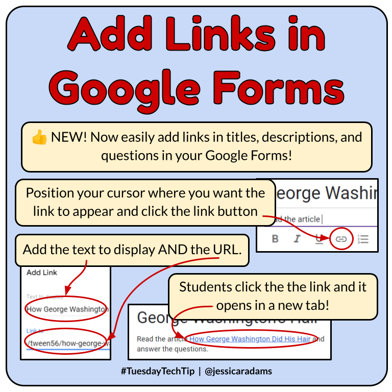 jessicaradams's tweet photo. 👍It's time for a #TuesdayTechTip! You can now easily add links in your #GoogleForms! @GoogleForEdu #GoogleET
P.S. You can learn more about George Washington's hair from @TweenTribune at https://t.co/5nt8uTMPdt https://t.co/taR6JiurIi