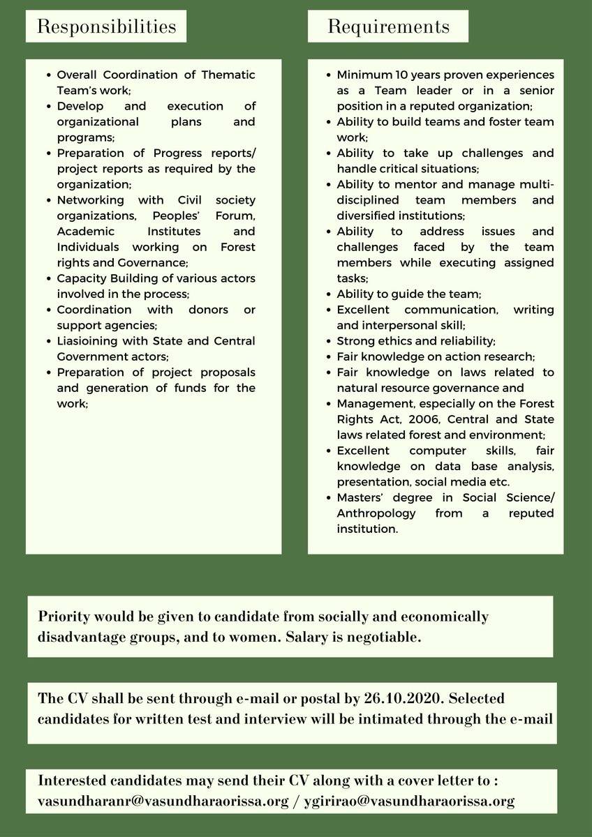 VasundharaO's tweet photo. Hello!
We are hiring for multiple positions. 
Keen on joining a dynamic team &amp; contributing towards Natural Resources Governance, Conservation, and Sustainable Livelihoods? 
Then this is the place for you
Details below : 
1) Program Director : Forest Rights and Governance https://t.co/QCFGyqR8D2