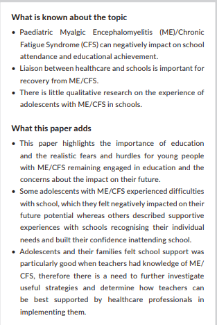 TomKindlon's tweet photo. New UK study
The importance of school in the management of (ME/#CFS): issues identified by adolescents and their families
This is from a Crawley team so there could be some biopsychosocial-type comments
Free:
https://t.co/dfZJarKhdY
#YPwME #YPwC #MEcfs #MyalgicE #PwME #YPwMEs https://t.co/AtJNrHGECn