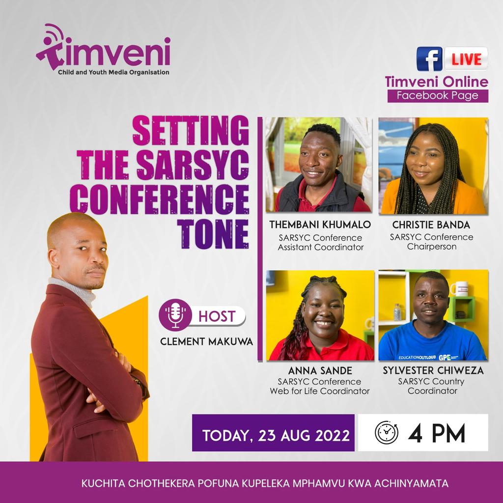 SAYWHATOrg's tweet photo. We are going live at 4pm to set the tone for the #SARSYC2022. 
@SwedeninZW @UNFPA_Zimbabwe @Luanarofficial @UNESCO @UNFPA_ESARO 

#SARSYCMalawi #YouthAgendaNow https://t.co/K076m3bQCt