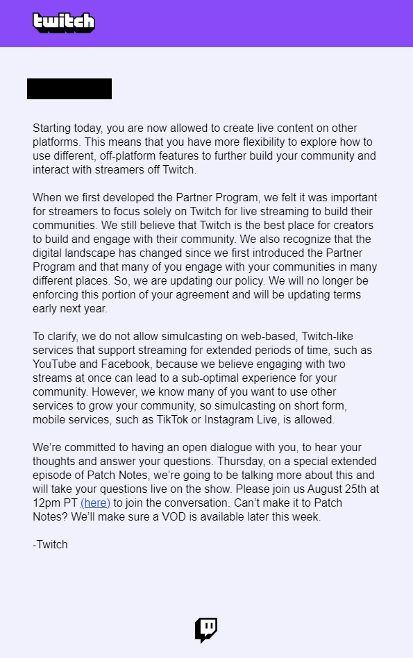 GamingCareers's tweet photo. Twitch is now allowing Partners to stream to other platforms. This change will likely be coming to affiliates soon

Multi-streaming (to Twitch + another platform at the same time) is not allowed for YouTube/Facebook but is permitted on "mobile services" (TikTok or Instagram Live) https://t.co/ZadgSq18Mx