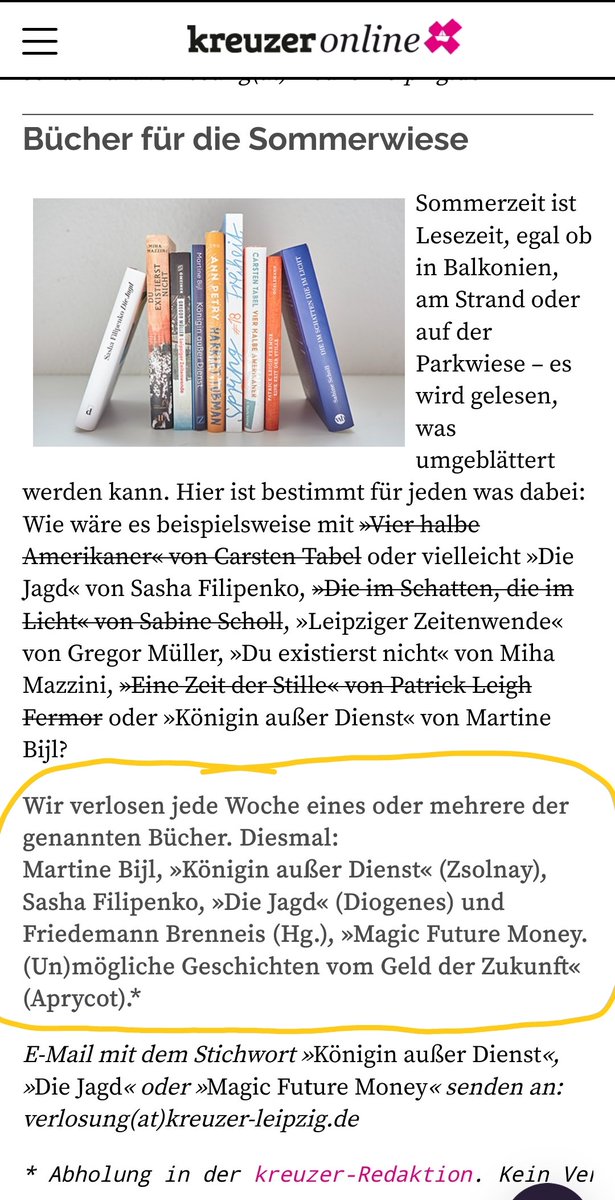 Wusstet ihr schon, dass ihr diese Woche ein #MagicFutureMoney-Buch beim Leipziger Stadtmagazin <a href="/kreuzer_leipzig/">kreuzer leipzig</a> gewinnen könnt?
Wer kein Glück bei der Verlosung hat oder Versand braucht, es gibt auch noch ein paar Exemplare im freien Handel: aprycot.media/shop/magic-fut… <a href="/aprycotmedia/">Aprycot Media 📚</a>