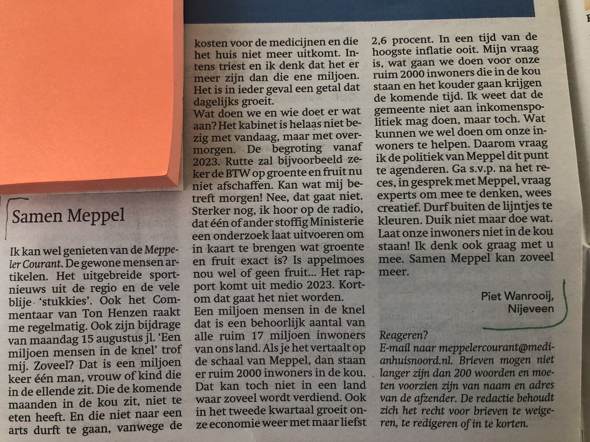In <a href="/MeppelerCourant/">Meppeler Courant</a> heb ik m’n hartewens laten publiceren.
“Doe wat” …Hoop dat de Raad <a href="/GemeenteMeppel/">Gemeente Meppel</a> na het reces in actie komt voor alle Meppelers, die nu al in de kou staan‼️
Gelukkig heeft <a href="/PvdAMeppel/">PvdAMeppel</a> al schriftelijke vragen gesteld🎯asn het college.
Zie mijn publicatie ⤵️