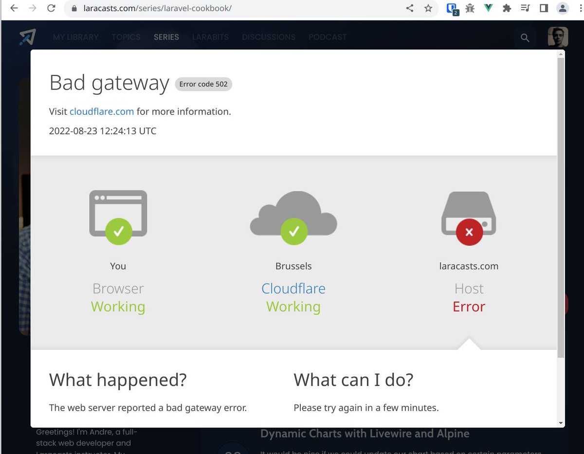 subutux's tweet photo. Hey @laracasts, are you aware there are issues with the website? Currently receiving 502 errors. https://t.co/lKV9nx4of3