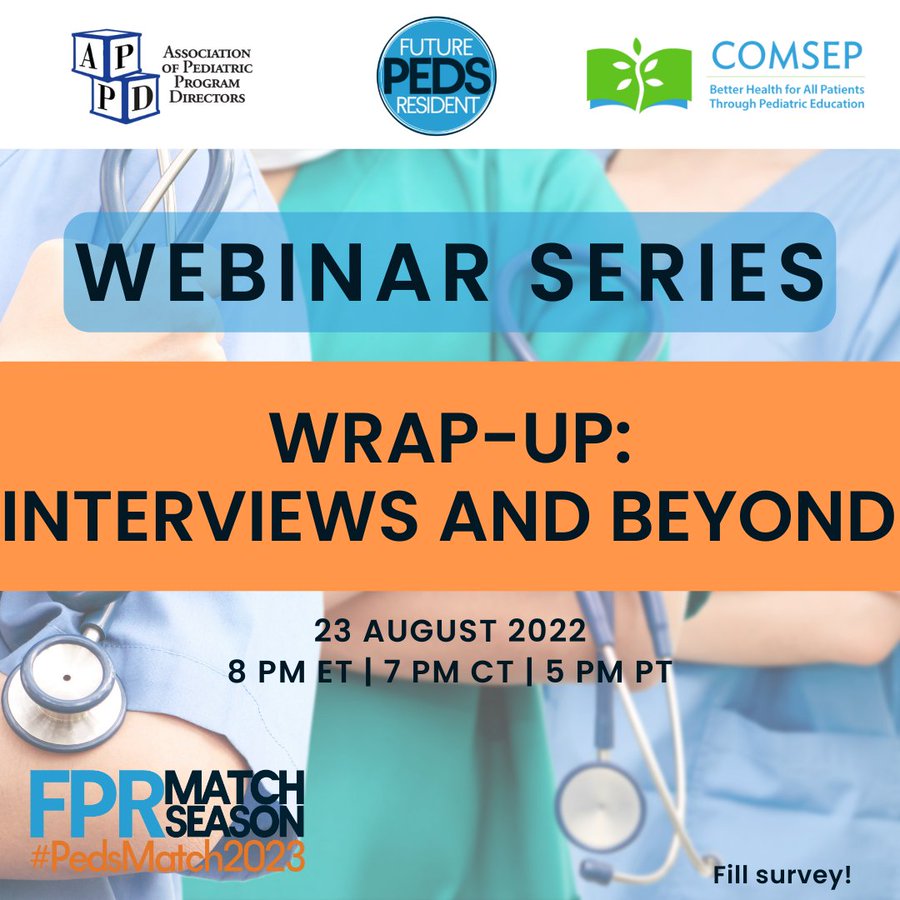 APPDconnect's tweet photo. Tonight at 8pm ET! Wrap-up #PedsMatch2023 Interviews and Beyond. @FuturePedsRes @APPDconnect @COMSEPediatrics https://t.co/OHsdrwqmDq