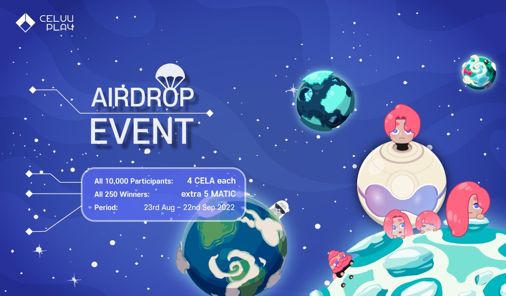 🎉CeluvPlay AIRDROP EVENT (Korea)🎉

⏳ 이벤트 종료 : 22/09/22 23:59 PM (UTC+9)
💌 선착순 에어드랍  : 10,000명 X 4 CELA  
💌 추첨 에어드랍 : 250명 X 5 MATIC  
🙌 결과 발표 : 2022년 9월 26일 

Event Link🔽
gleam.io/xmjcd/-celuvpl…

#Celuvplay #airdrop #event #cela