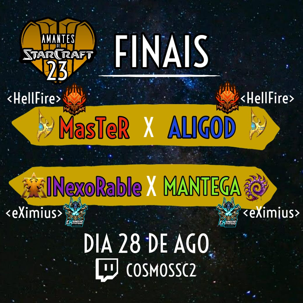 NÃO PERCAM!!!

As finais do torneio Amantes de StarCraft2 23° Edição! 

Vai ser incrível...

<a href="/CosmosSc2/">Lucas (COSMOS) Faria</a> <a href="/eximius_gaming/">eXimius Gaming</a> <a href="/AmantesSC2/">AmantesSC2</a> <a href="/playmeg_gg/">MEG</a> <a href="/meg/">NEW ACC @maurice_xo</a>
