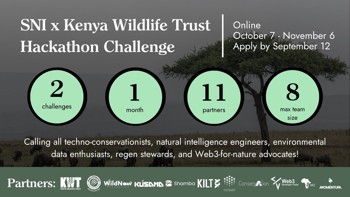 BitcoinKE's tweet photo. Calling all techno-conservationists, regen stewards, and #Web3ForNature advocates! 🦁🏜️
 
@sovereignnature has announced their third upcoming hackathon, held in partnership with @kenyawildtrust
.
Find more details below and apply by September 12, 2022!

https://t.co/2UBNaLUHyi https://t.co/nBUoaeoe36