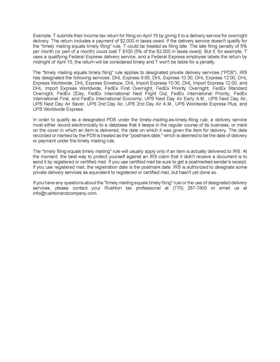 BarnettPbarnett's tweet image. #incometax penalties can be high for #latetaxfiling. Please see the attached information if using a #privatedeliveryservice. #RushtonCPA @RushtonCPA