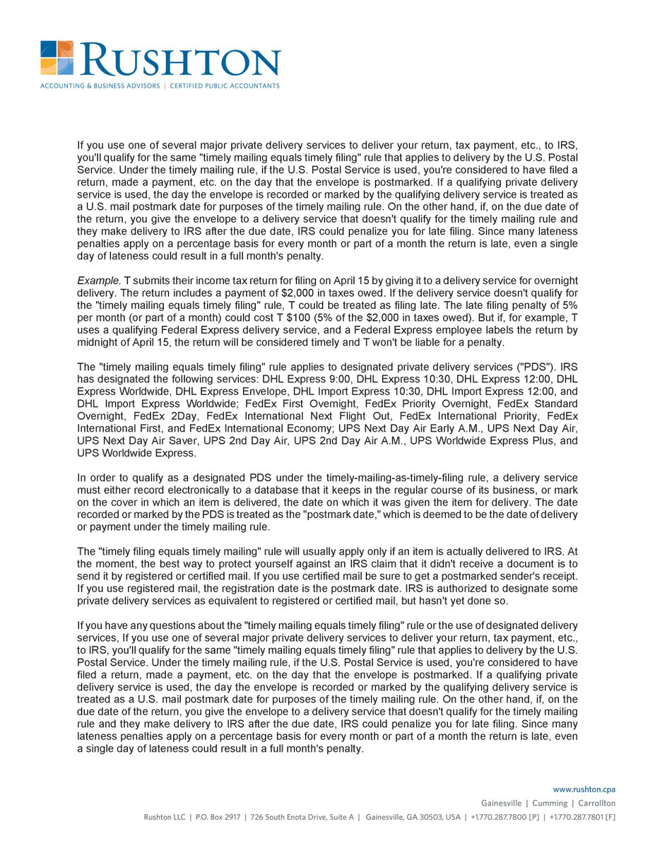 BarnettPbarnett's tweet image. #incometax penalties can be high for #latetaxfiling. Please see the attached information if using a #privatedeliveryservice. #RushtonCPA @RushtonCPA