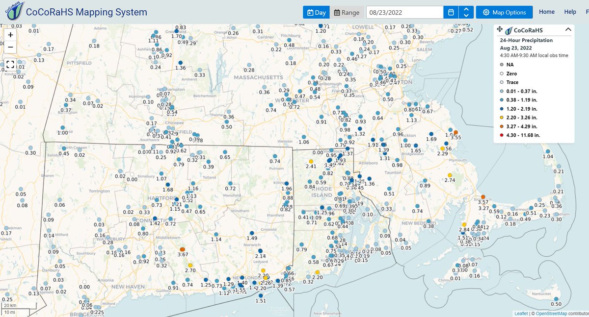 MA_CoCoRaHS's tweet photo. It's been awhile since we've seen a widespread rainfall like this! We'll need more days like this to help alleviate #drought conditions. 
Highest totals so far in MA: 
3.57" in Sandwich (0.9 NNE)
3.55" in Marshfield
3.27" in Sandwich (1.5 SSE)
2.84" in Falmouth
2.74" in Carver https://t.co/nU7JRAQ4xx