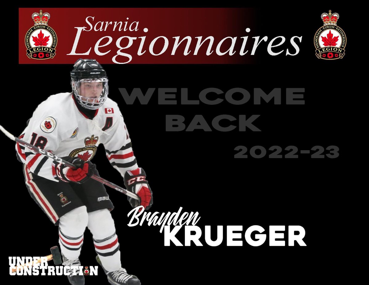 Welcome Back Brayden! 
Brayden Krueger was one of our alternate captains last year. He is an '02 born,  right winger from Owen Sound, Ont. . 
We look forward to the upcoming season!! 
#Sarnia #SarniaLegionnaires #GOJHL #JrB #UnderConstruction