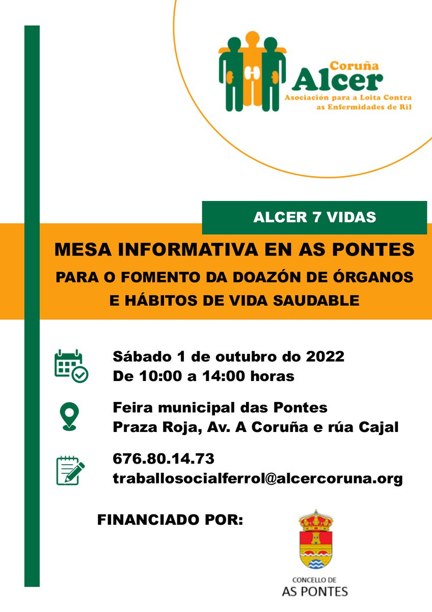 alcercoruna84's tweet photo. 💚 Recordade que o próximo sábado 1 de outubro estaremos na feira municipal do Concello de As Pontes para sensibilizar sobre a importancia da doazón de órganos e os hábitos de vida saudable para o coidado da saúde renal.
#AlcerCoruña #ConcellodasPontes #ProgramaAlcer7Vidas https://t.co/Am1rT13mj3