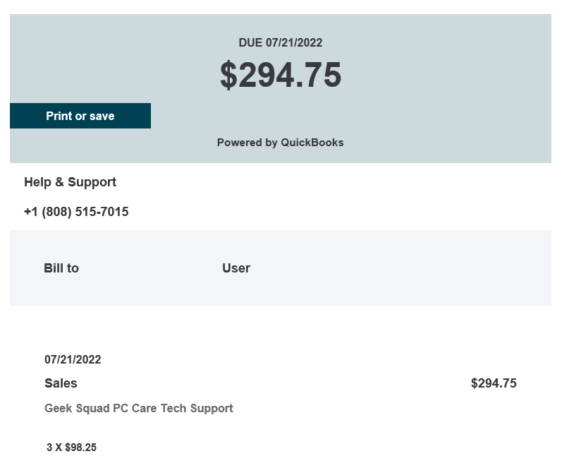 joshjaggard's tweet photo. @GossiTheDog @PayPal @AskPayPal @Intuit @QuickBooks Example of the QB invoice abuse we've observed. Have seen several variants but Geek Squad seems to be common. Interesting that the invoice amount rarely seems to match the amount listed in the note. Maybe intentional to increase call volume? (or Hanlon's razor is in play) https://t.co/nQN7B7btBV