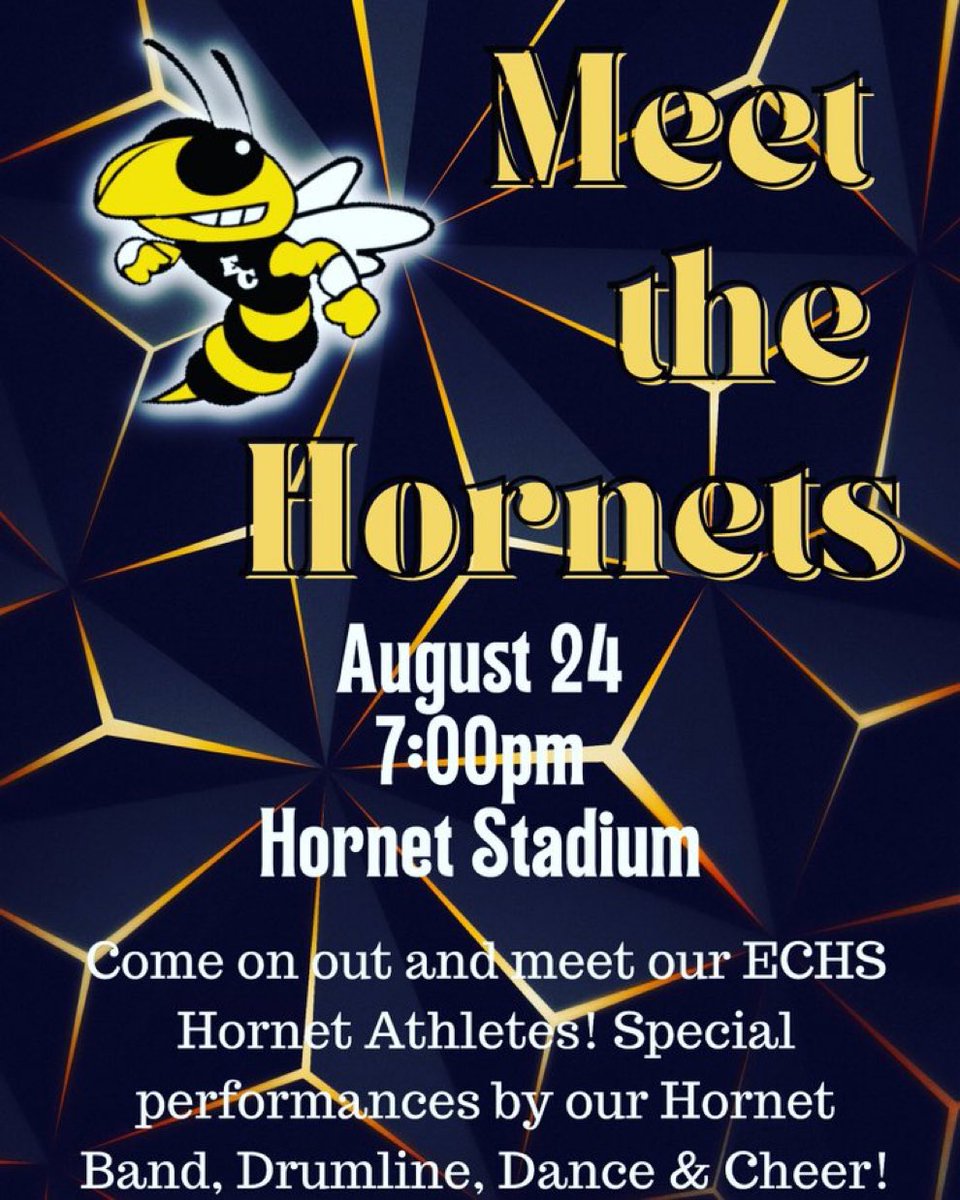 ArriolaSuzette's tweet photo. Hornet nation we will see everyone Wednesday night 7 PM out at Hornet Stadium to meet all of your Hornet Athletic teams and spirit teams. And donβt forget to bring your Peanut Butter π§ #ECFB #PeanutButterBowl @_ECFootball @ECHShornets @ECISDtweets @_ECAthletics @joehubb74 https://t.co/7ndLK1DIdu