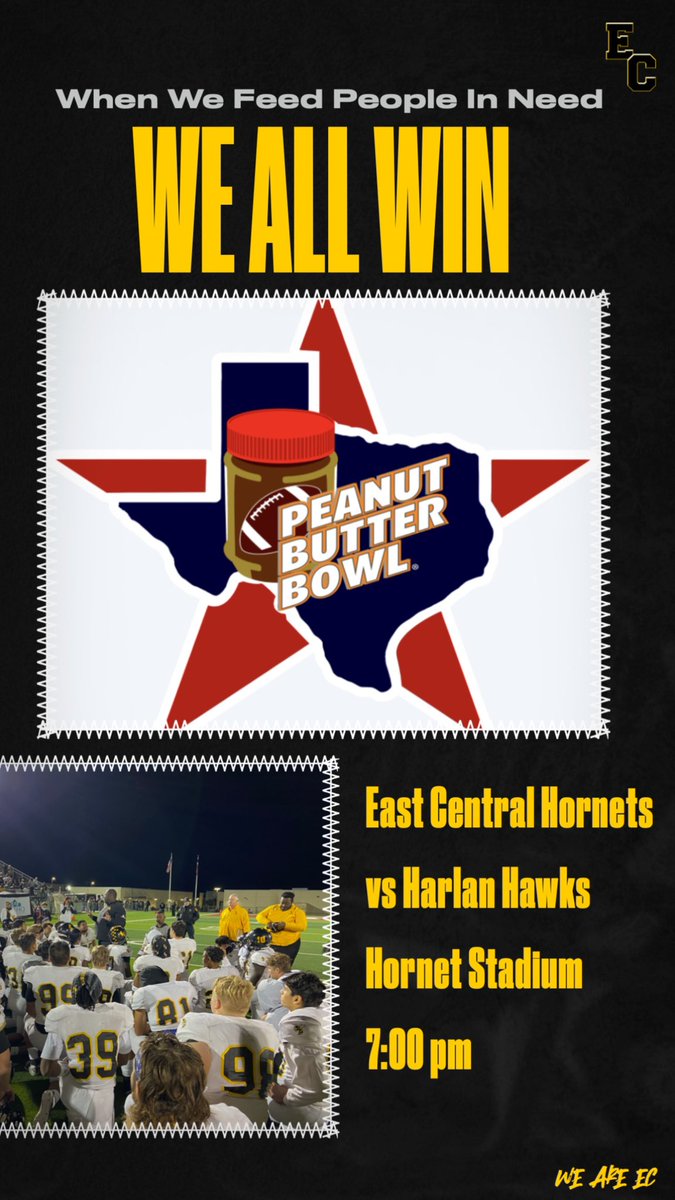 ArriolaSuzette's tweet photo. Hornet nation we will see everyone Wednesday night 7 PM out at Hornet Stadium to meet all of your Hornet Athletic teams and spirit teams. And donβt forget to bring your Peanut Butter π§ #ECFB #PeanutButterBowl @_ECFootball @ECHShornets @ECISDtweets @_ECAthletics @joehubb74 https://t.co/7ndLK1DIdu