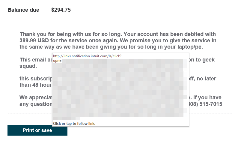 joshjaggard's tweet photo. @GossiTheDog @PayPal @AskPayPal @Intuit @QuickBooks Example of the QB invoice abuse we've observed. Have seen several variants but Geek Squad seems to be common. Interesting that the invoice amount rarely seems to match the amount listed in the note. Maybe intentional to increase call volume? (or Hanlon's razor is in play) https://t.co/nQN7B7btBV