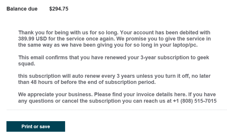 joshjaggard's tweet photo. @GossiTheDog @PayPal @AskPayPal @Intuit @QuickBooks Example of the QB invoice abuse we've observed. Have seen several variants but Geek Squad seems to be common. Interesting that the invoice amount rarely seems to match the amount listed in the note. Maybe intentional to increase call volume? (or Hanlon's razor is in play) https://t.co/nQN7B7btBV
