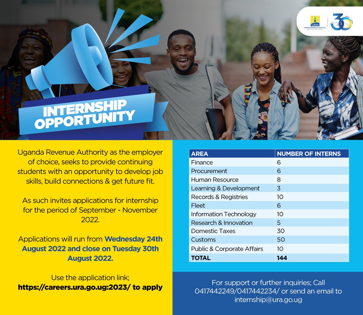 URAuganda's tweet photo. Here is an opportunity for continuing students to develop their job skills, build connections and get future fit.

Work with us from September-November/2022.
Applications open tomorrow 24/Aug/2022 - 30/Aug/2022
#FfeBanno | #DevelopingUgTogether https://t.co/2w5wQSzHoZ