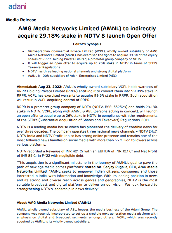 ANI's tweet photo. Adani Group to purchase 29.18% stake in media group NDTV. https://t.co/XMUUc4gUzK