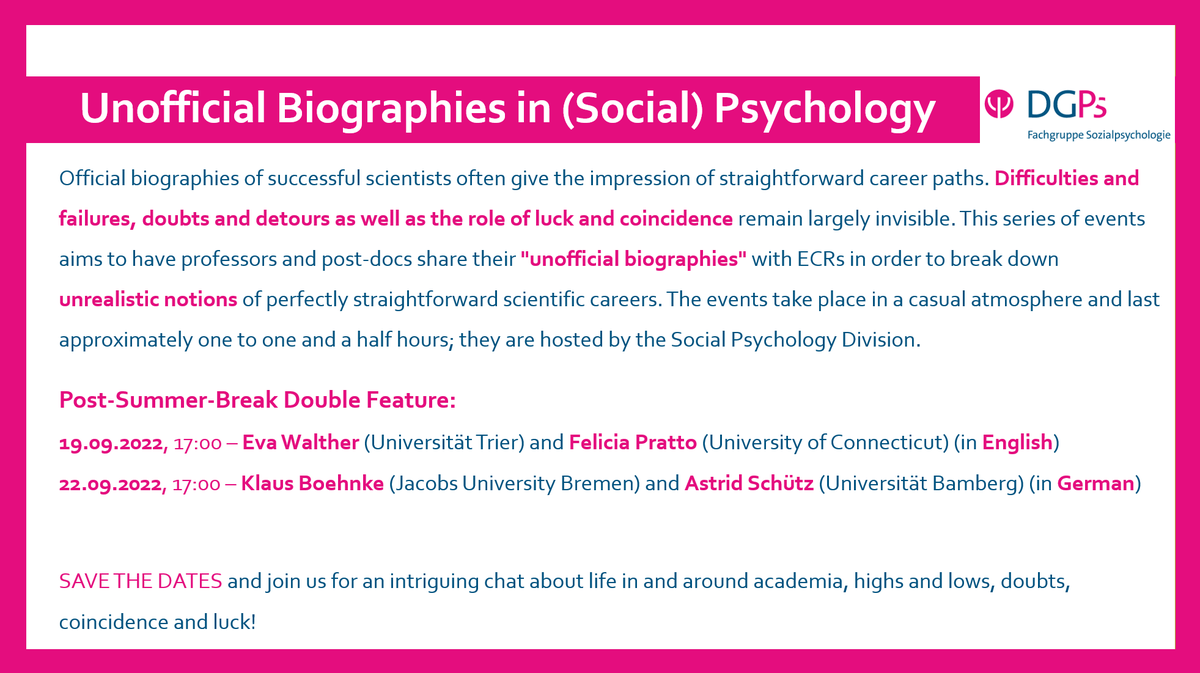🚨 #unofficialbiographies are returning from summer break, with a Sept. double feature!
🗓️19.09., 17:00 
🌟Eva Walther and Felicia Pratto! 
🖥️ univienna.zoom.us/j/63512360120?…
🥳Co-hosted w/ @_lenahahn_ , open to all!
CC <a href="/DGPs_JuMis/">DGPs JuMis // ECRs</a> <a href="/FGSozPsy/">FGSP</a> 
➡️2⃣
🗓️22.09., 17:00 (Info in Tweet below!👇)