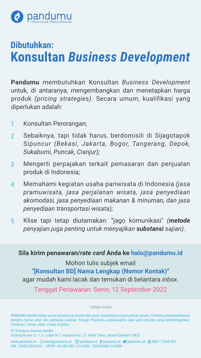 pandumu_id's tweet photo. pandumu sedang membutuhkan konsultan business development. tenggat penawaran: Senin, 12 September 2022

punten, Mincot #lokercot  @hrdbacot https://t.co/SXawIgpxAR