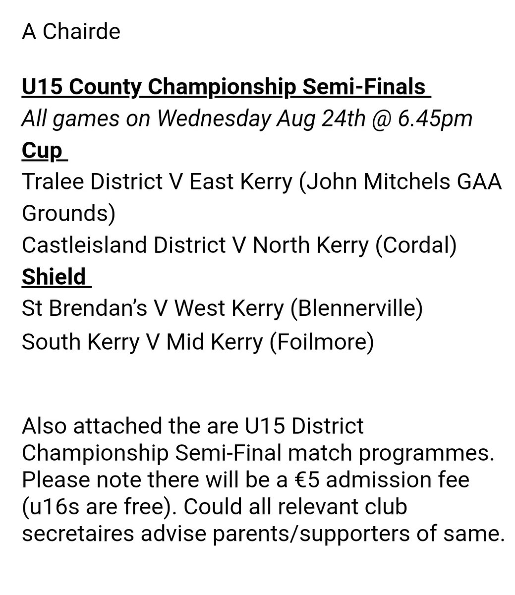 EastKerryGAA's tweet image. U15 County Championship 
East Kerry v Tralee District

Admission €5