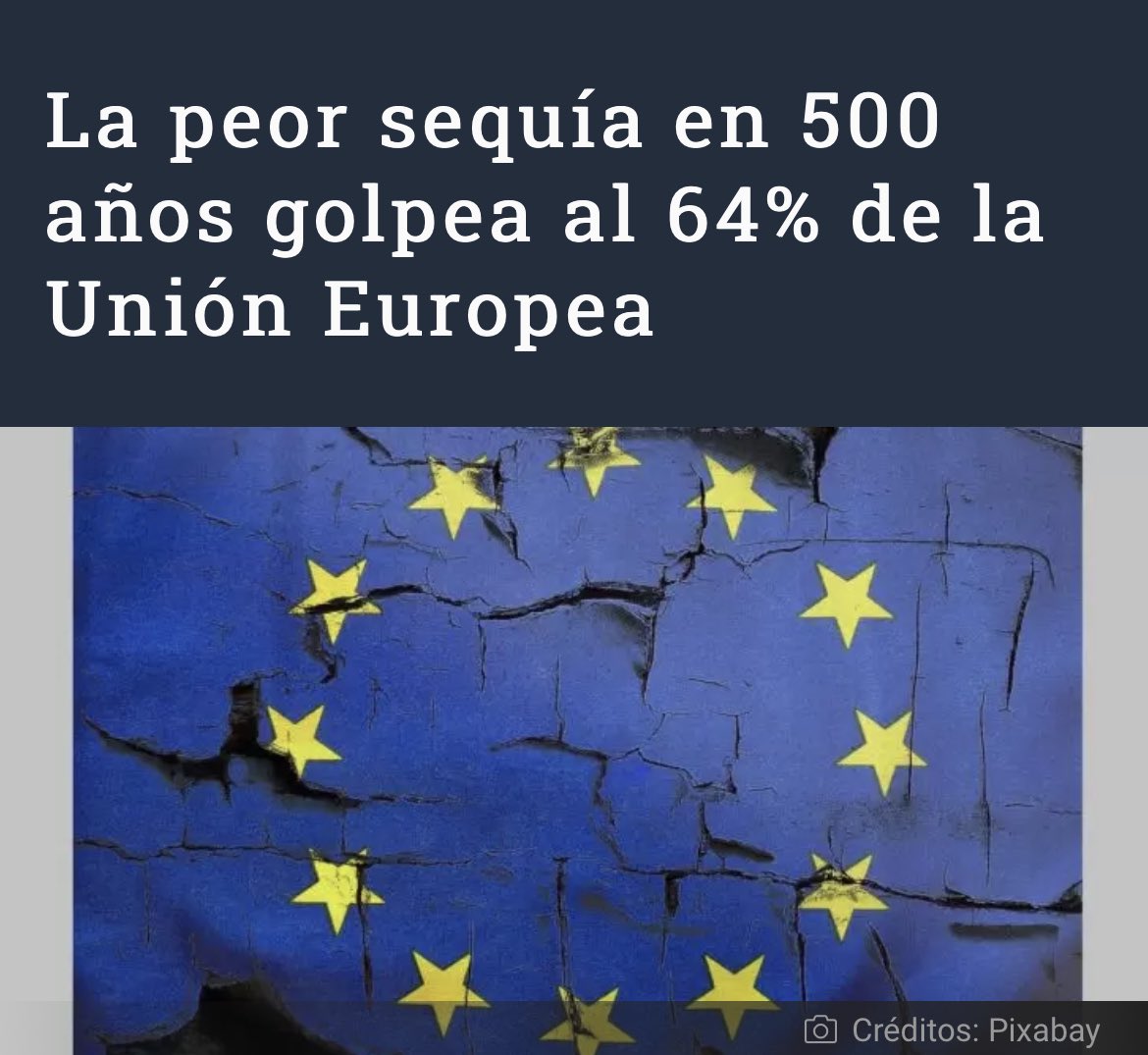 eapsacl's tweet photo. 💧♻️🌎La peor #sequía de los últimos 500 años afecta al 64% d la Unión Europea (UE): 47% del bloque está en 1 situación preocupante x el fenómeno sumado a otro 17% q está en “alerta”, según el Centro Común d Investigación (JRC) d la Comisión Europea. #23agosto #eapsa #másqueagua https://t.co/h1aW2SM1Y6