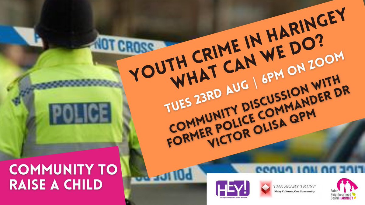 🛑TONIGHT!

COMMUNITY DISCUSSION: What can we do about Youth Crime in Haringey (and London). 

Discussion will be facilitated by @VpoDr (Former Police Commander for Haringey)

✅ Tues 23rd Aug 
✅ 6pm 
✅ Online on Zoom

Register here: us02web.zoom.us/meeting/regist…