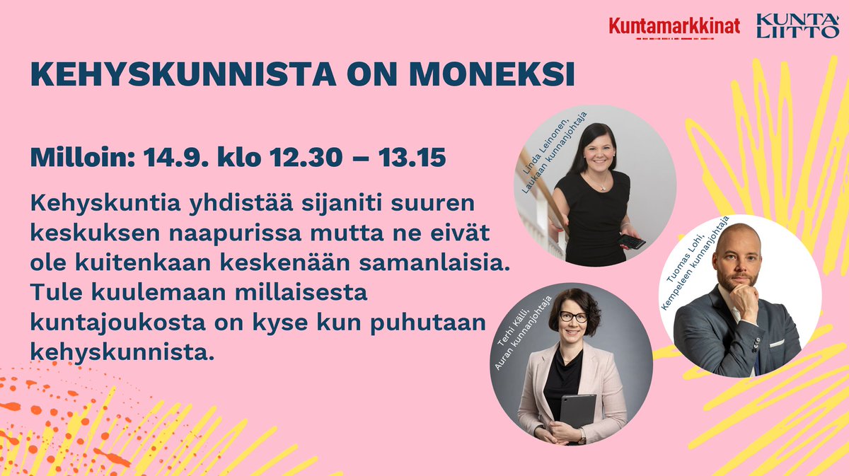Millainen kunta sinulle tulee mieleen kun kuulet sanan kehyskunta? Tule Kuntamarkkinoille kuulemaan kun kehyskuntajohtajat <a href="/KjLeinonen/">Linda Leinonen</a> <a href="/tuomas_lohi/">Tuomas Lohi</a> ja <a href="/TerhiKalli/">Terhi Källi</a> itse kertovat.
kuntamarkkinat.fi/ohjelmat/
#kuntamarkkinat #kehyskunnat