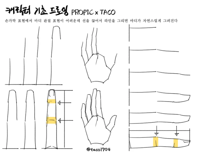 손가락의 마디 관절 표현이 어려운데 선을 끊어서 라인을 그리면 마디가 자연스럽게 그려진다 