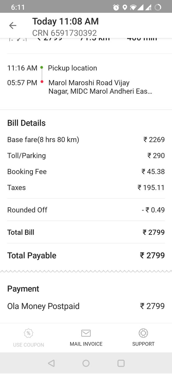 Voiceindia7's tweet photo. @Ola_Mumbai @Olacabs i took a rental cab today &amp; paid a toll of 170Rs in cash cz the driver asked to pay but the invoice has also charged me 290rs against the same.
I tried raising the complain via app but the app gives me error only for this particular cause
#customerreview #sad https://t.co/tLLtBI3Sr8