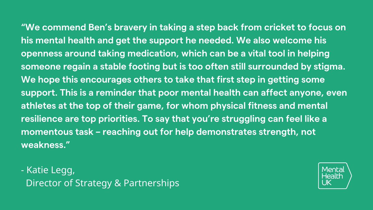 mentalhealthuk's tweet photo. Poor mental health can affect anyone, even athletes at the top of their game. Here's our response to the news surrounding #BenStokes 🏏 

If you or someone you know is experiencing similar mental health struggles to Ben, head to our website for support 👉 https://t.co/GudPaRyiL3 https://t.co/JvjXuLBzOG