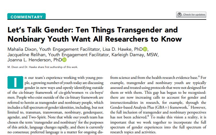 Calling all researchers: 10 things #trans and #nonbinary youth want you to know about #genderinclusion in research: Check your biases and don’t assume.
#McCainatCAMH #JAACAP <a href="/NYAC_/">CAMH NYAC</a>  <a href="/CAMHResearch/">CAMH Research</a> <a href="/CAMHnews/">CAMH</a>
jaacap.org/article/S0890-…