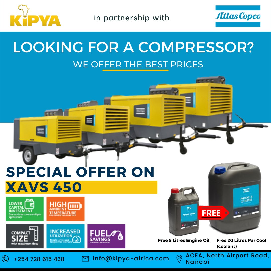 Kipya_Africa's tweet photo. Looking to save some money? We have the new XAVS 450 compressors available in stock right now and we are offering free engine oil & par oil coolant for every compressor purchased. contact our team of experts at 0728-615-438 to place your order. #compressorsale https://t.co/JsCHBd7Xbn