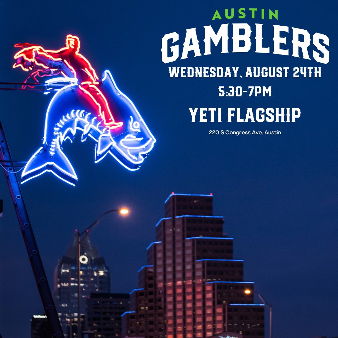 Austin_Gamblers's tweet photo. Who wants to meet the Austin Gamblers riders before Gambler Days? Come on by the @YETICoolers Flagship store this Wednesday from 5:30-7pm to hang out and get your hands on some free Gamblers merch 👀 

#ATXgamblers #DealMeIn #LetsRide #buckingbulls #cowboys #PBR #TeamSeries https://t.co/w9I0lffheO