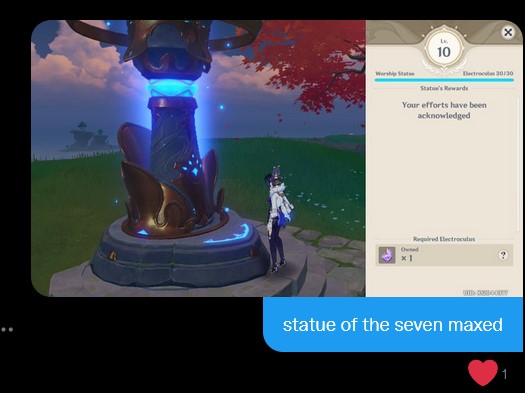 GregPiloting's tweet photo. #gregsproofs
- Statue of the Seven Maxed;
- Frostbearing Tree level 9 + 5 Commissins;
- Collected the extra anemo, geo, and electro oculi;
Thank you so much @mikomushi for using my services! <3
May the archons be with you throughout your genshin journey!!<3<3 https://t.co/osssxClDWT