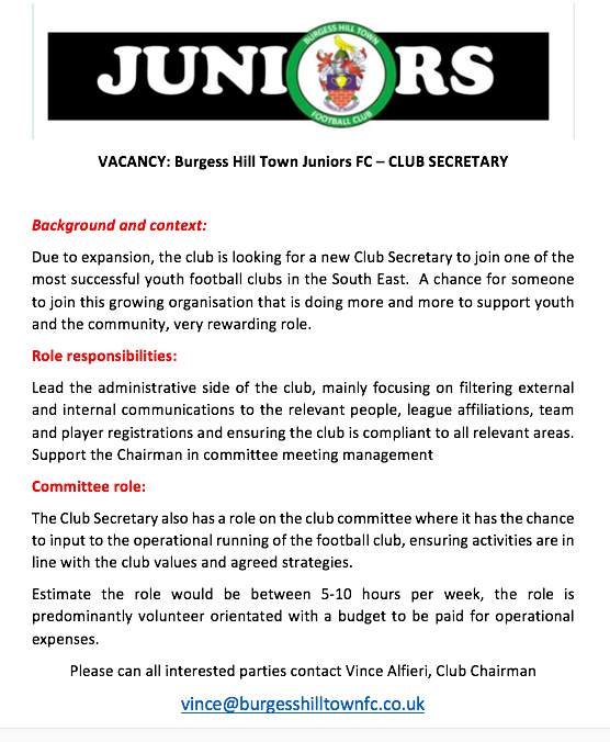 bhtfcjuniors's tweet photo. VACANCY: 
AN EXCITING OPPORTUNITY HAS ARISEN TO BE OUR CLUB SECRETARY AND ON THE COMMITTEE OF BURGESS HILL TOWN JUNIORS FC !!! 
see job description below and apply to vince@burgesshilltownfc.co.uk https://t.co/Q9zujBcO0K
