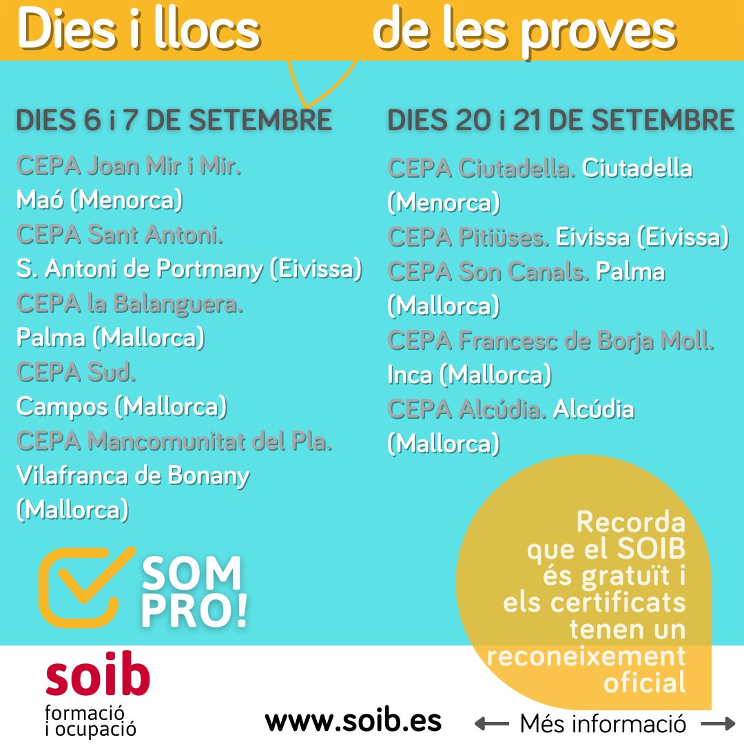 SOIBgoib's tweet photo. 📣Properes PROVES DE COMPETÈNCIES CLAU de SETEMBRE per accedir sense la titulació requerida als cursos de certificats de professionalitat de nivell 2 o 3.
No deixis passar l'oportunitat i aprofita els nostres PROs❗️
💪
ℹ️ Més informació https://t.co/iPcwTUMml3
#SOIBSomPro #SomPro https://t.co/9UPDxWc36X