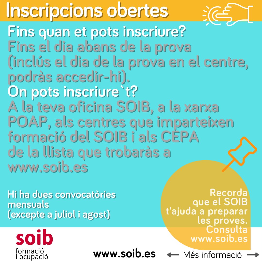 SOIBgoib's tweet photo. 📣Properes PROVES DE COMPETÈNCIES CLAU de SETEMBRE per accedir sense la titulació requerida als cursos de certificats de professionalitat de nivell 2 o 3.
No deixis passar l'oportunitat i aprofita els nostres PROs❗️
💪
ℹ️ Més informació https://t.co/iPcwTUMml3
#SOIBSomPro #SomPro https://t.co/9UPDxWc36X