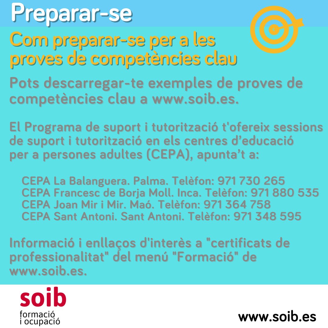 SOIBgoib's tweet photo. 📣Properes PROVES DE COMPETÈNCIES CLAU de SETEMBRE per accedir sense la titulació requerida als cursos de certificats de professionalitat de nivell 2 o 3.
No deixis passar l'oportunitat i aprofita els nostres PROs❗️
💪
ℹ️ Més informació https://t.co/iPcwTUMml3
#SOIBSomPro #SomPro https://t.co/9UPDxWc36X
