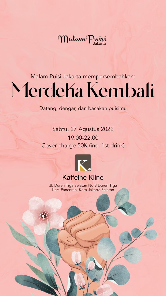 Datang, dengar, dan bacakan puisimu! Entah milikmu atau orang lain, bertema merdeka tidakpun tidak apa. Jangan lupa sisihkan sedikit uang sakumu agar kita bisa bermalam puisi dengan panggung dan sound system yang nyaman.

Kami rindu ingin bertemu, semoga kaupun juga begitu!