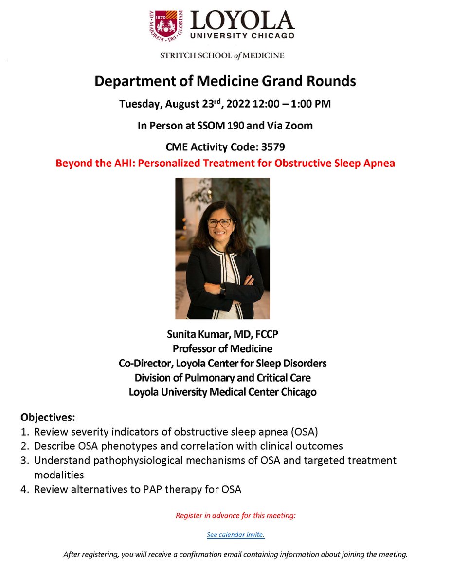 LoyolaDom's tweet photo. Join us today for #GrandRounds where our own @SunitaKumarMD will present "Beyond the AHI: Personalized Treatment for Obstructive Sleep Apnea"
See you there! 
@LoyolaPCCM @LoyolaIMRES @LoyolaMedMD https://t.co/krVFN3gHCY