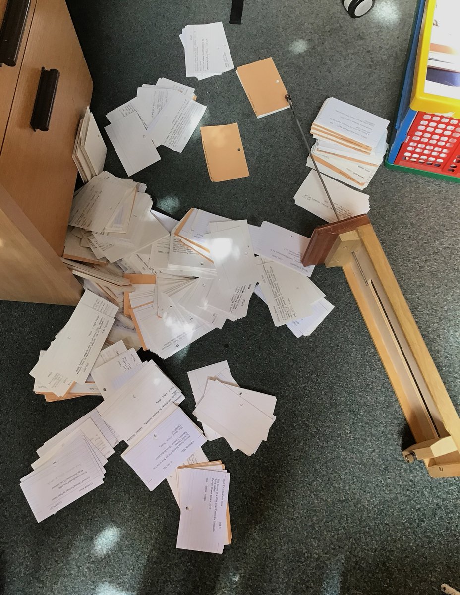 morrablibrary's tweet photo. Disaster! A librarian's worst nightmare...
But order was restored!
#libraryfails #librarydisasters #spiltcards https://t.co/v6MfIzaO6C