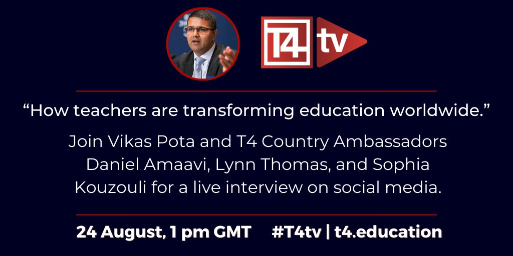 Mark your calendars for tomorrow! 👇

Join <a href="/VikasPota/">Vikas Pota</a> and T4 Country Ambassadors Daniel Amaavi, Lynn Thomas, and Sophia Kouzouli for a live interview on social media.

📅 24 AUGUST
⏰ 1 PM GMT
📍 facebook.com/groups/t4educa…