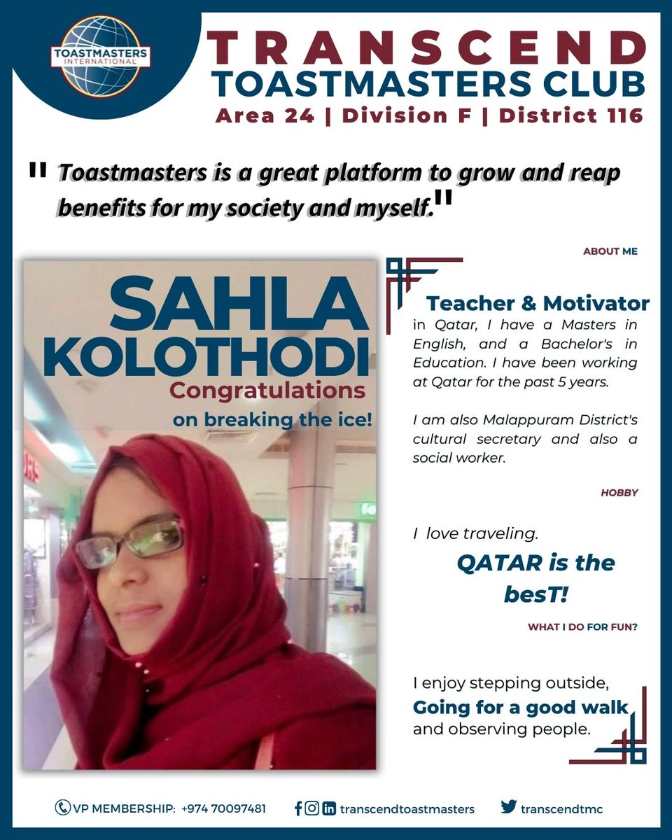 transcendtmc's tweet photo. Congratulations to our newest member, Sahla K. on successfully delivering her icebreaker speech yesterday.
#toastmasters #divisionf #transcendtoastmasters #toasmastersinternational #publicspeaking #divisionftoastmasters #icebreaker #district116 #d116 #meeting #Zoom #75thmeeting https://t.co/DH8B9STMgW