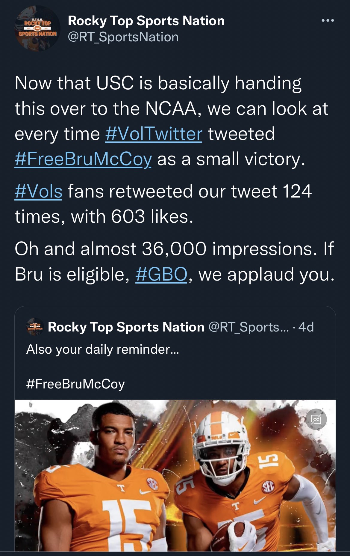 Is Bru McCoy eligible to play for the Tennessee Volunteers?