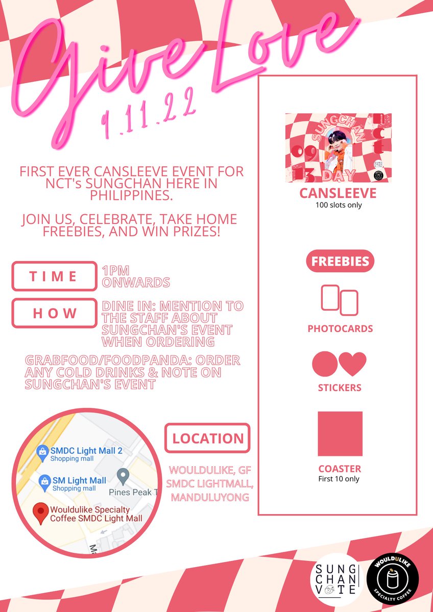 sungchanvotes's tweet photo. ❤️ GIVE LOVE: SUNGCHAN CANSLEEVE EVENT ❤️

Let's celebrate Sungchan's birthday at WouldULike SMDC Lightmall 🦌🎂 
Get freebies &amp; get a chance to win in our raffles. 

📆 Sept. 11, 2022
🕑 1PM 

For provincial assistance: https://t.co/NrrxWKns81 https://t.co/L9SlPTgl1k