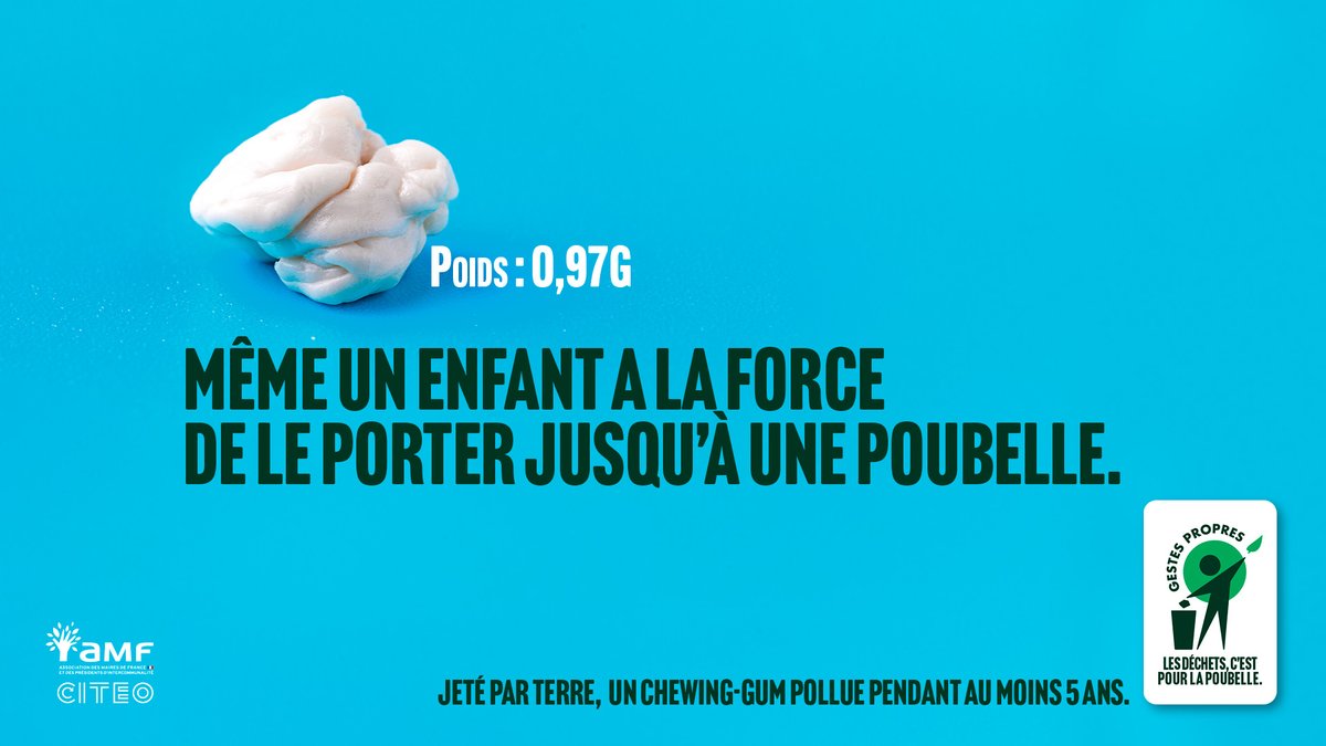 Un chewing-gum jeté par terre se dégrade en environ 5 ans, tandis que le jeter dans une poubelle ne prend que quelques secondes. 😉

#GestesPropres #TousResponsables